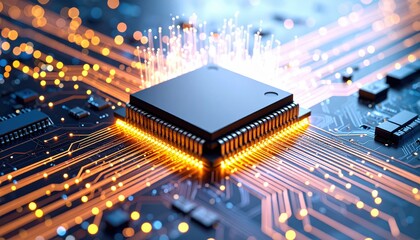 Close-up of a digital microchip glowing with vibrant orange energy, representing technological advancement and complex circuitry