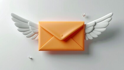 Orange envelope with white wings flying through the air, symbolizing fast email delivery and communication