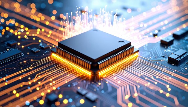 Close-up of a digital microchip glowing with vibrant orange energy, representing technological advancement and complex circuitry - Powered by Adobe