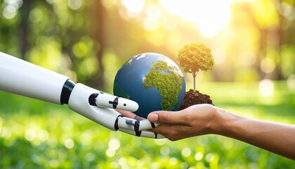Future of sustainability with AI and human cooperation, a robot and person holding the Earth together for conservation
