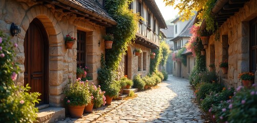 Sunlit medieval street historic architecture. Cobbled pathway winds through charming town buildings adorned with flowers. Picturesque scene evokes sense of timeless beauty, old-world allure. Explore