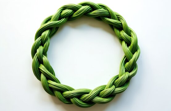 Green sweetgrass braid tied in circle. Natural fiber woven object used for indigenous cultural ceremonies, smudging, or decoration. Symbol of connection and continuity on white.