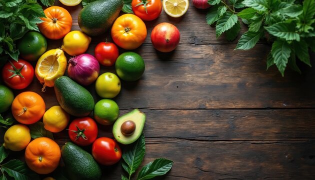 Assorted fresh fruits, vegetables arranged on rustic wooden table. Vibrant oranges, lemons, limes, avocados, tomatoes, red onion create colorful, healthy, natural food composition, perfect for - Powered by Adobe