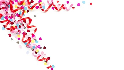 Fototapeta premium Celebrate love with vibrant heart confetti and red ribbon streamers for a festive valentine's day, wedding, or anniversary celebration backdrop