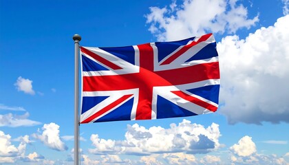A national flag billowing on a pole with a backdrop of a blue sky and clouds