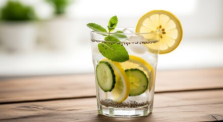 Refreshing infused water with lemon cucumber and mint in a tall glass