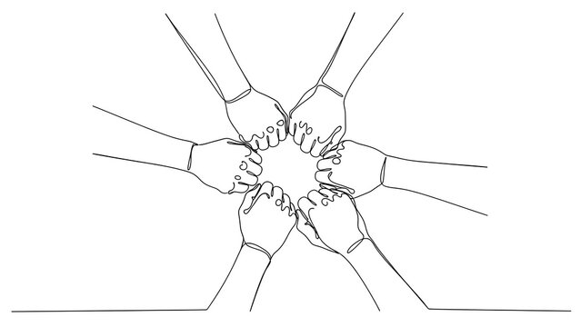 One line art of  continuous line drawing of several arms and hands joined together in a circle on a white background