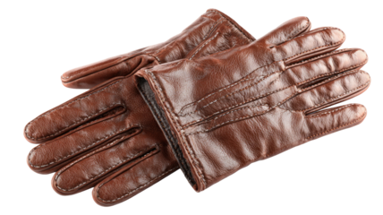 Close-up of a pair of brown leather gloves, an isolated fashion accessory, against a white background