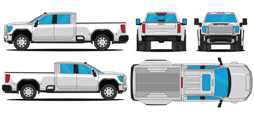 Pickup truck car vector. Heavy duty car mockup illustration of a 3500 HD. Isolated on white background. Side, front, rear and top views