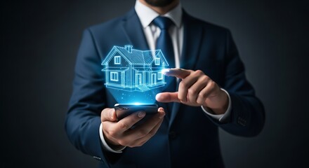 Elegant businessman showcasing innovative home design on phone, envisioning future real estate possibilities with modern technology and professional service