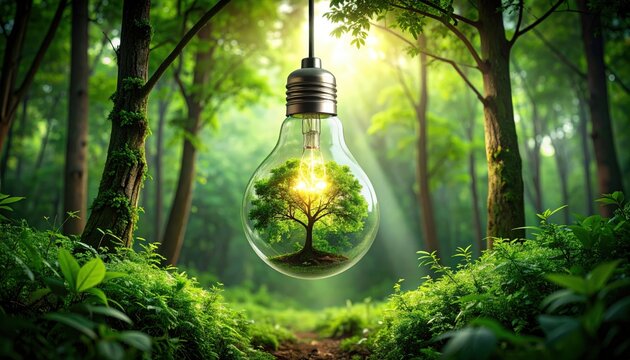 Envisioning Green Futures A Luminous Light Bulb Encasing a Thriving Tree Amidst a Verdant Forest Canopy, Representing Sustainable Innovation and Environmental Harmony
