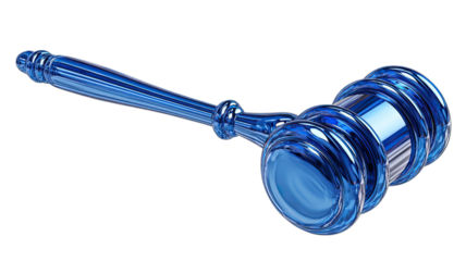 blue glass gavel justice symbol isolated on white background