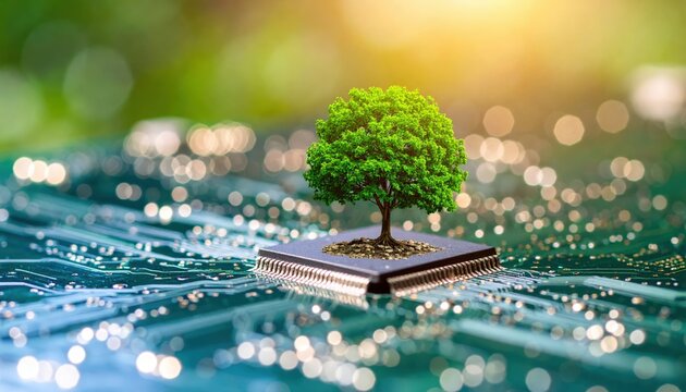 Green technology concept with a tree growing from a computer chip on a circuit board, symbolizing sustainable innovation and eco-friendly electronics - Powered by Adobe