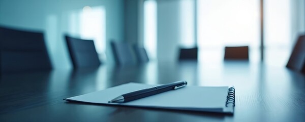 Modern conference table with notepad and pen ready for a business meeting. Empty board room in blue tone office interior awaits important discussion. Bright light comes through a large window.