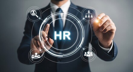 Modern HR management solutions visualized by professional touching interactive virtual interface for talent acquisition, organizational structure and team building