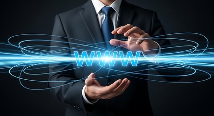 Professional businessman expertly manages glowing WWW symbol surrounded by dynamic blue data streams for digital connectivity success
