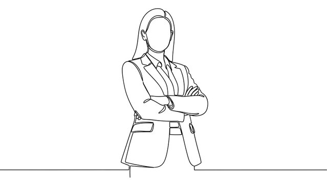 One line art of  a continuous line drawing of a woman in a suit with arms crossed on a white background illustration