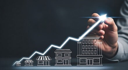 Businessman draws glowing arrow showing small business growth trajectory toward larger enterprise success