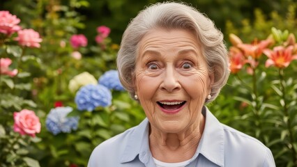 Elderly woman smiling joyfully in colorful garden setting with blooming flowers
