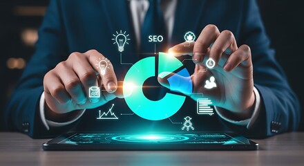 Professional businessman expertly adjusts glowing digital pie chart showing SEO strategy and innovative business growth metrics