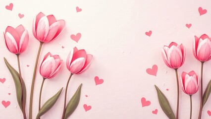 Delicate pink tulips adorned with playful hearts bloom against a softly textured pale background, conveying affection