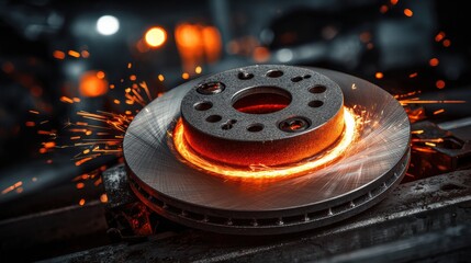 Closeup of Steel Brake Disc at Car Service During Repair Process for Wheel Pad Replacement in a Garage Setting