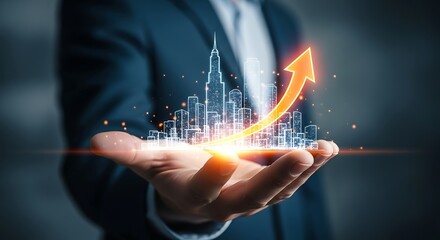 Visionary business leader holds glowing city concept symbolizing real estate growth and upward financial trajectory