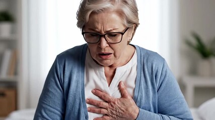 Elderly Woman Experiencing Chest Pain, Suggesting Possible Health Issues or Emergency