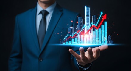 Stunning professional holds glowing holographic city skyline with soaring stock market growth arrows against dark background