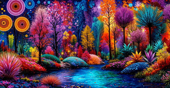 Enchanted forest at night with a glowing river, vibrantly colored trees, and luminous celestial flowers, a psychedelic digital illustration
