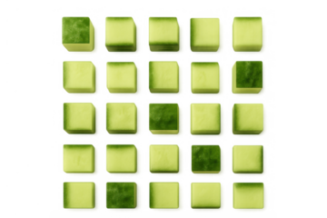 Chopped cucumber cubes forming a grid pattern, fresh vegetable pieces for healthy eating, transparent background
