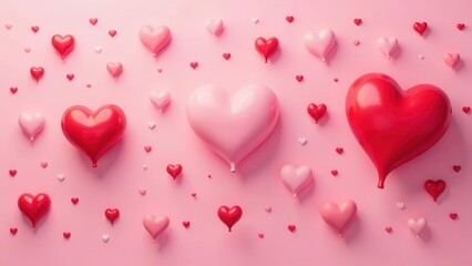 A delightful assortment of red and pink heart-shaped balloons floats across a soft pink backdrop, symbolizing affection and joy in a playful arrangement