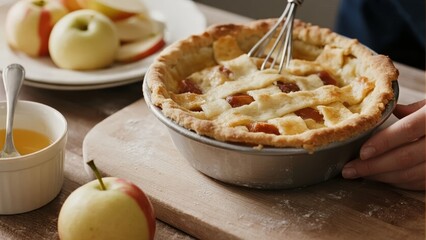 Freshly baked apple pie with lattice crust on a wooden table, surrounded by apples and baking ingredients