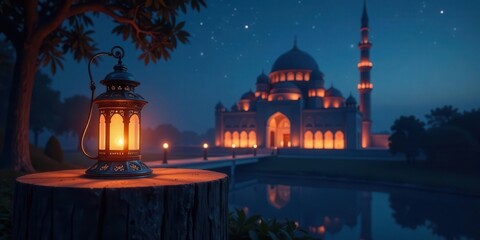 A radiant lantern illuminates a serene night scene beside a reflective body of water, with an elegant spiritual edifice glowing in the distance under a starlit sky