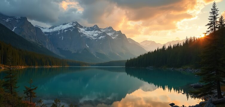 Stunning mountain lake reflects green pine forest, majestic snow capped peaks. Golden light from sunset sunrise illuminates clouds, casting warm glow over calm blue water. Serene nature wilderness