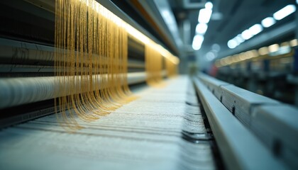 Modern textile factory loom machine operates quickly. Many yellow thread lines move down into new woven fabric production. Automated industrial equipment creates cloth, preparing for market globally.