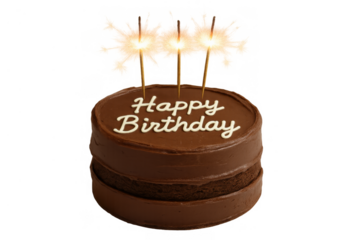 Chocolate birthday cake with happy birthday text and lit sparklers, representing celebration and festive events