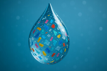 Fototapeta premium Water droplet filled with colorful microplastic particles environmental pollution concept microplastics contamination in oceans global plastic crisis sustainability awareness ecology problem clean wat