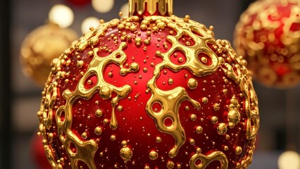 red christmas ball with golden glossy spheres bubbling up