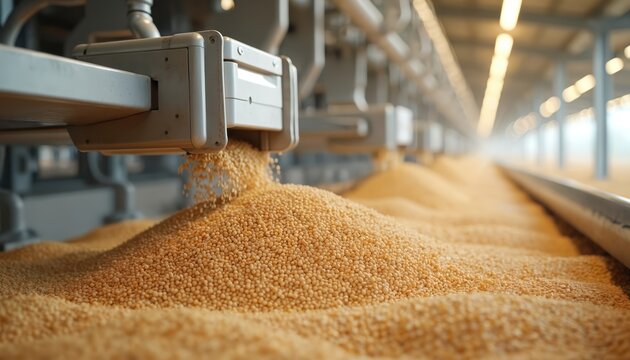 Automatic dispenser drops yellow feed pellets on ground in large industrial farm building. Modern machinery distributes grain for poultry in huge barn. Tech innovation streamlines agricultural feed