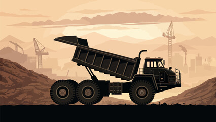 Powerful dump truck unloading materials at construction site with cranes and factory in background for industrial projects and heavy equipment advertisements