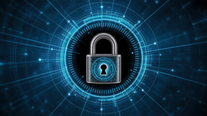 Lock Symbolizing Online Security in Abstract Digital Network Highlighting Importance of Protecting Digital Information in Ever Connected World