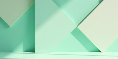 Geometric planes and soft shadows create a serene, minimalist backdrop with layered forms and cool, tranquil color gradients