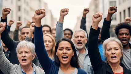 Diverse group of determined adults protesting with raised fists in urban setting