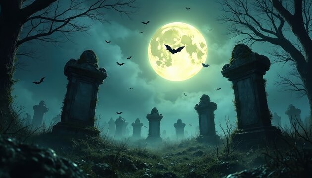 Spooky graveyard at night with crooked headstones overgrown by moss. Bats fly in the misty haze under a bright full moon. Creepy scene evokes Halloween. - Powered by Adobe
