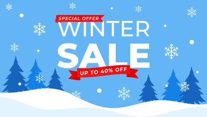 Winter sale banner template with snow landscape, blue background, snowflakes and pine trees, modern seasonal promotion design for sale ads, digital marketing, social media, web and pages