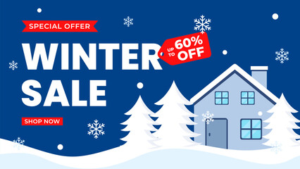 Winter sale banner template with snow landscape, snowflakes, house, and pine trees, modern seasonal promotion design for sale ads, digital marketing, social media, web and pages
