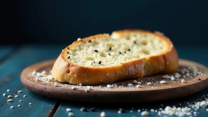 Warm slice of rustic bread sprinkled with small seeds and served on a circular wooden board, capturing a moment of simple culinary delight.