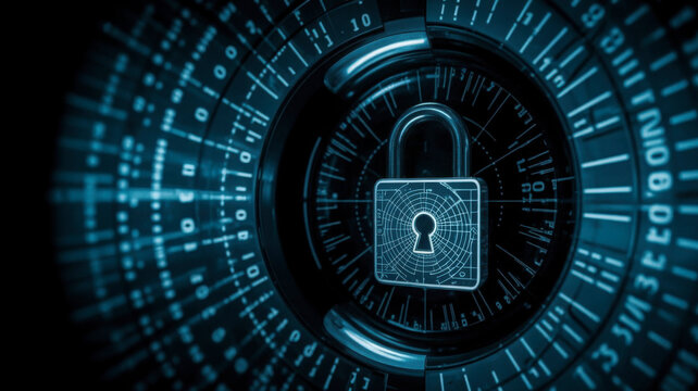 Digital Technology: Padlock Encrypted Data Security Concept With Binary Code And Holographic Elements For Cyber Safety In Modern Age