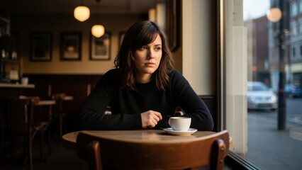 Pensive young adult woman in café setting with coffee